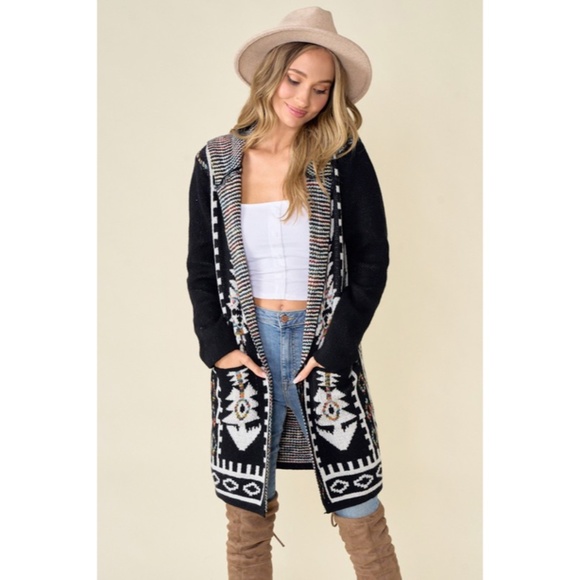 SOLD OUT Black Aztec Rainbow Western Hooded Knit Cardigan Long Sleeve Open - Picture 4 of 8